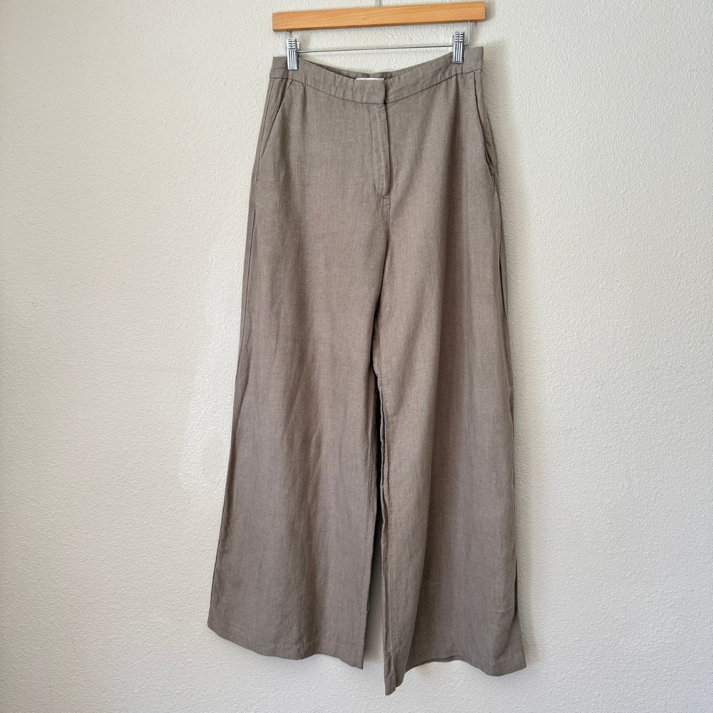HM Women Taupe Linen Blend Wide Leg Trousers High Waisted Pants Size 6